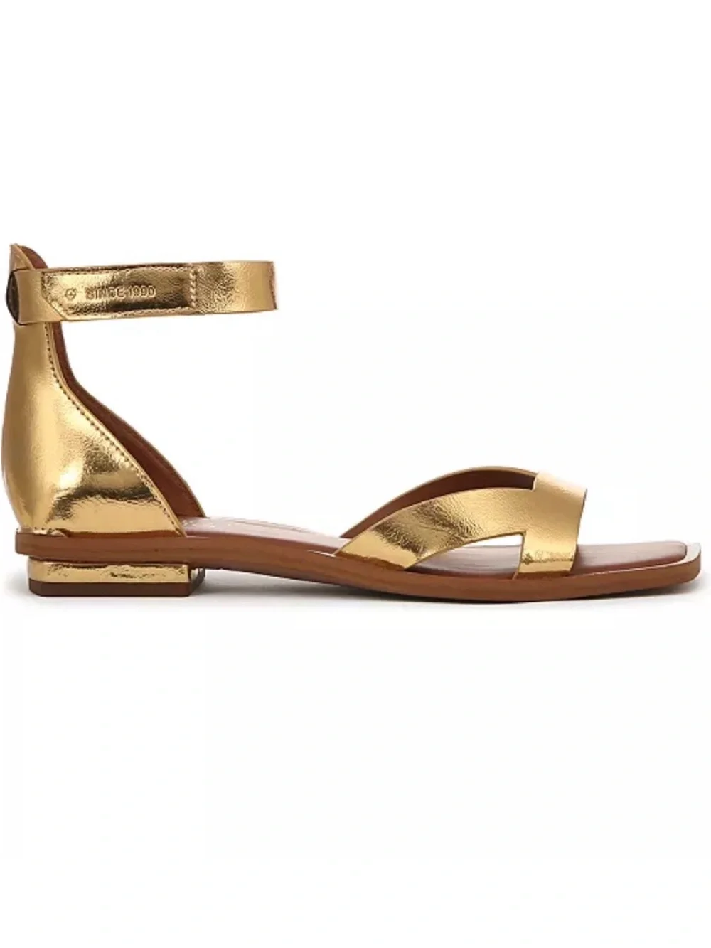 Franco Sarto Women's Elisa Open Square Toe Ankle Strap Flat Sandals Gold NEW 6M